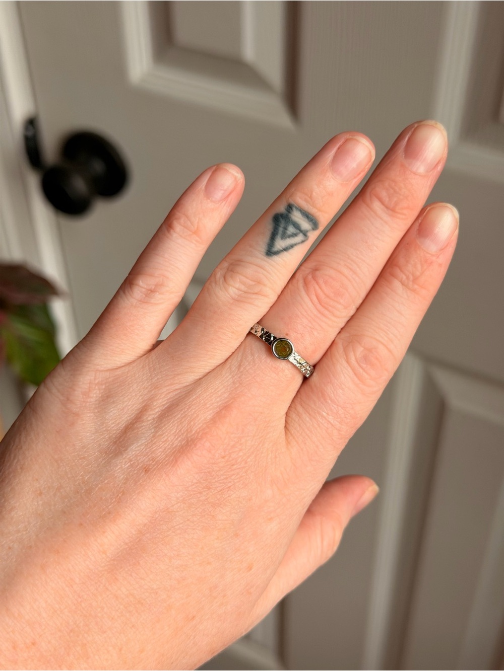 Silver Olive Green Gemstone Stacking Ring adjustable size